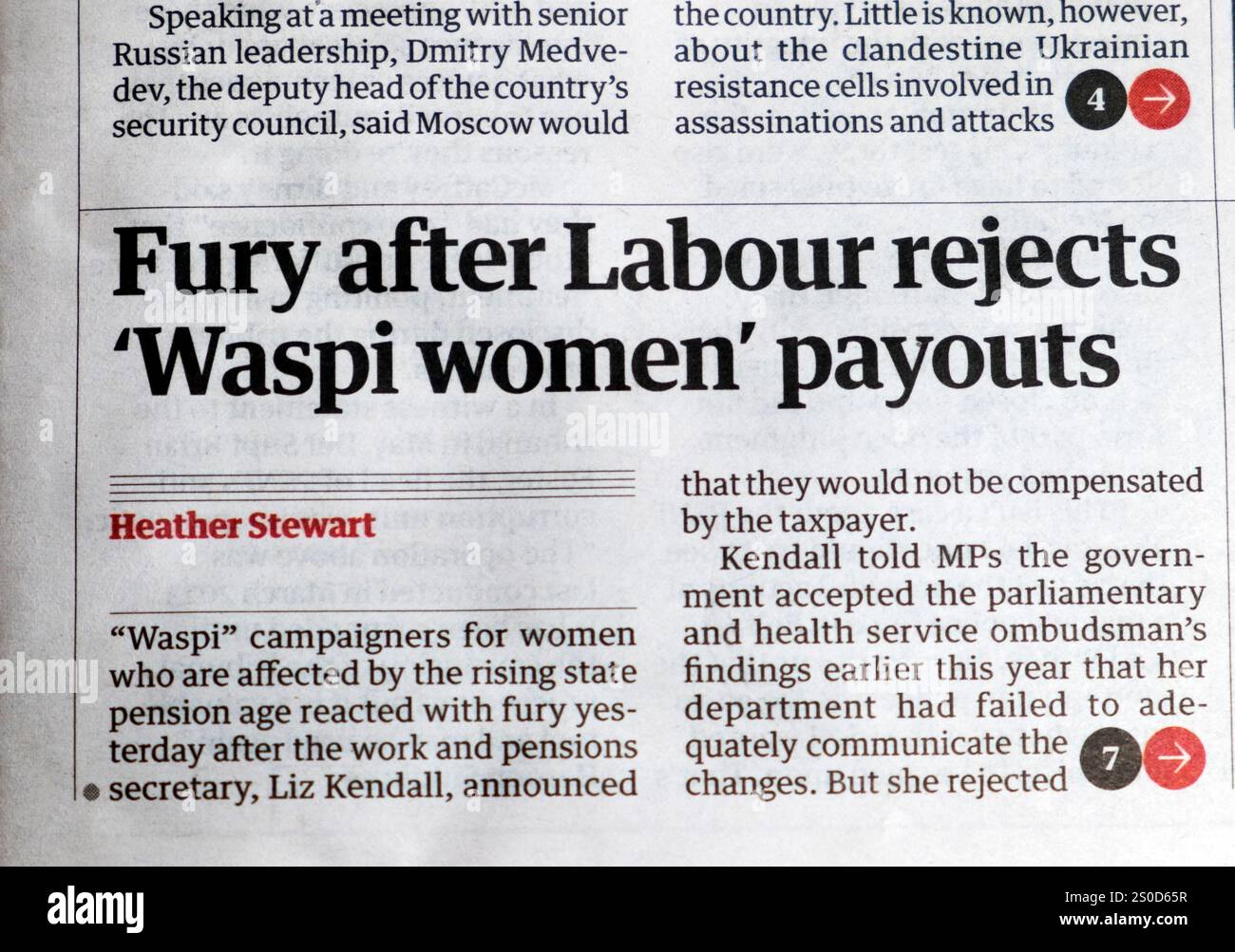"Fury After Labour respinge i pagamenti delle donne Waspi", il giornale Guardian, titolo della pensione statale del governo laburista articolo 18 dicembre 2024 Londra Regno Unito Foto Stock
