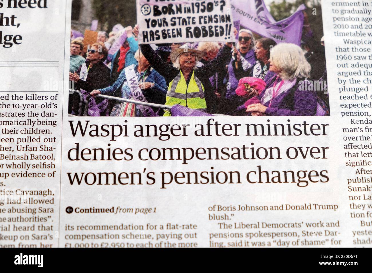 "Waspi Anger dopo che il ministro nega il risarcimento per i cambiamenti della pensione delle donne", articolo del giornale Guardian del governo laburista 18 dicembre 2024 Foto Stock