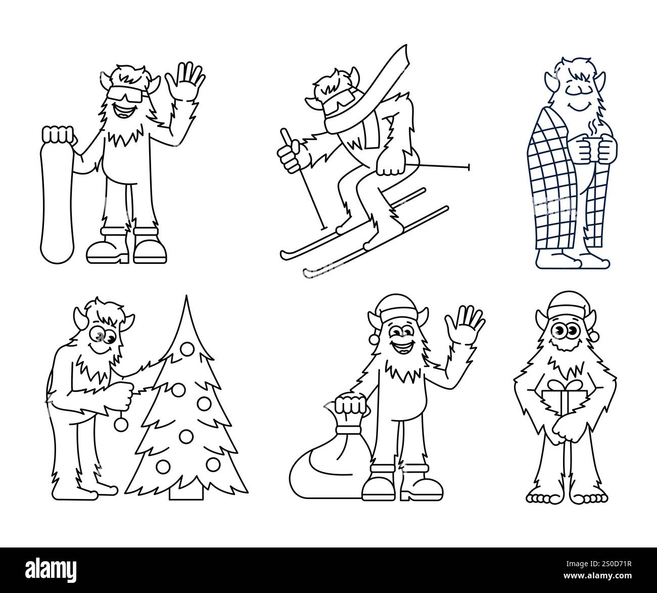 Personaggio Yeti: Sci, snowboard, decorazione di un albero di Natale, con regali natalizi illusioni di linea colorata. Elemento isolato vettoriale. st. Modificabile Illustrazione Vettoriale