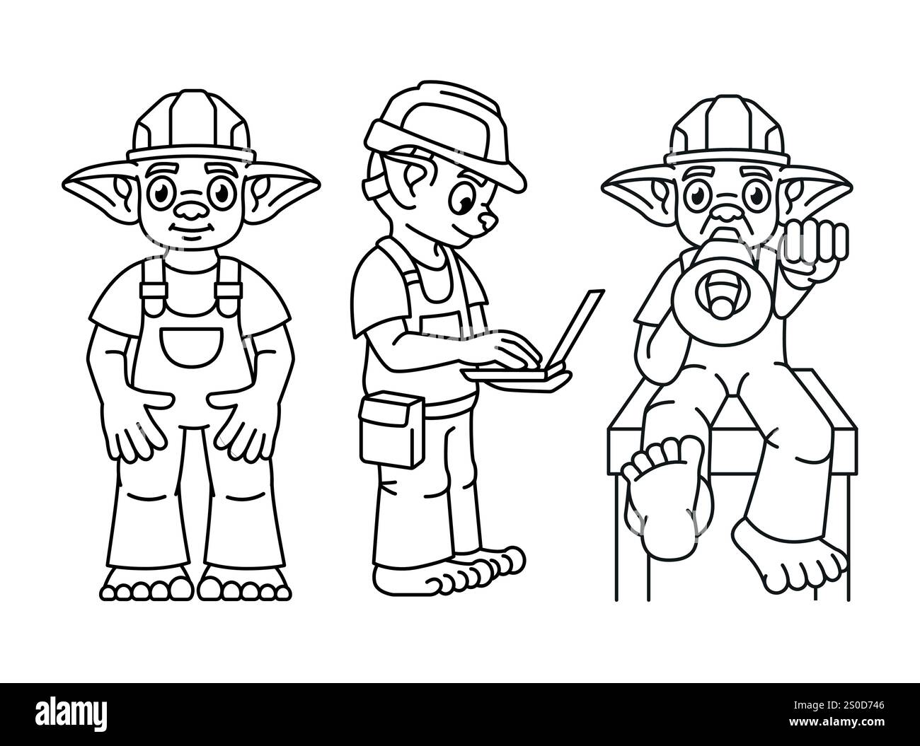 Simpatici personaggi della fiaba, illustrazione della linea di colore. Posa ed emozioni troll. Traccia modificabile. Illustrazione Vettoriale