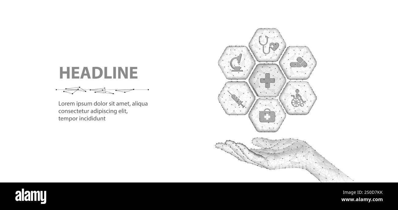 Sistema sanitario. Icone mediche su esagoni e mano Illustrazione Vettoriale