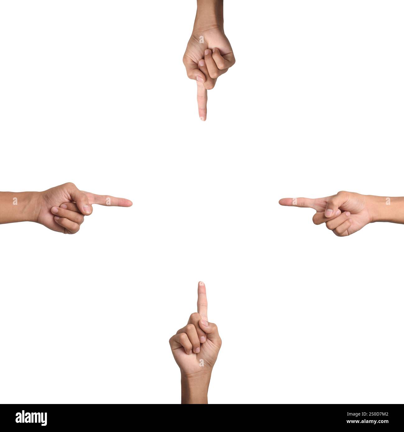 Raccolta di gesti di puntamento della mano su un punto isolato su sfondo bianco. Uomo che punta un oggetto virtuale con il dito indice Foto Stock