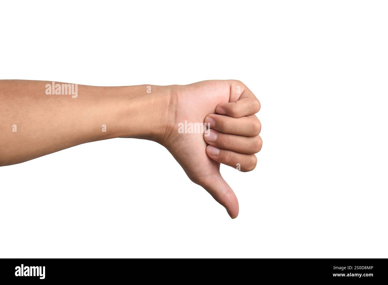 Mani di uomo che mostrano i pollici verso il basso gesto antipatico isolato su sfondo bianco. Concetto di gesto antipatico, antipatico, fallimento Foto Stock