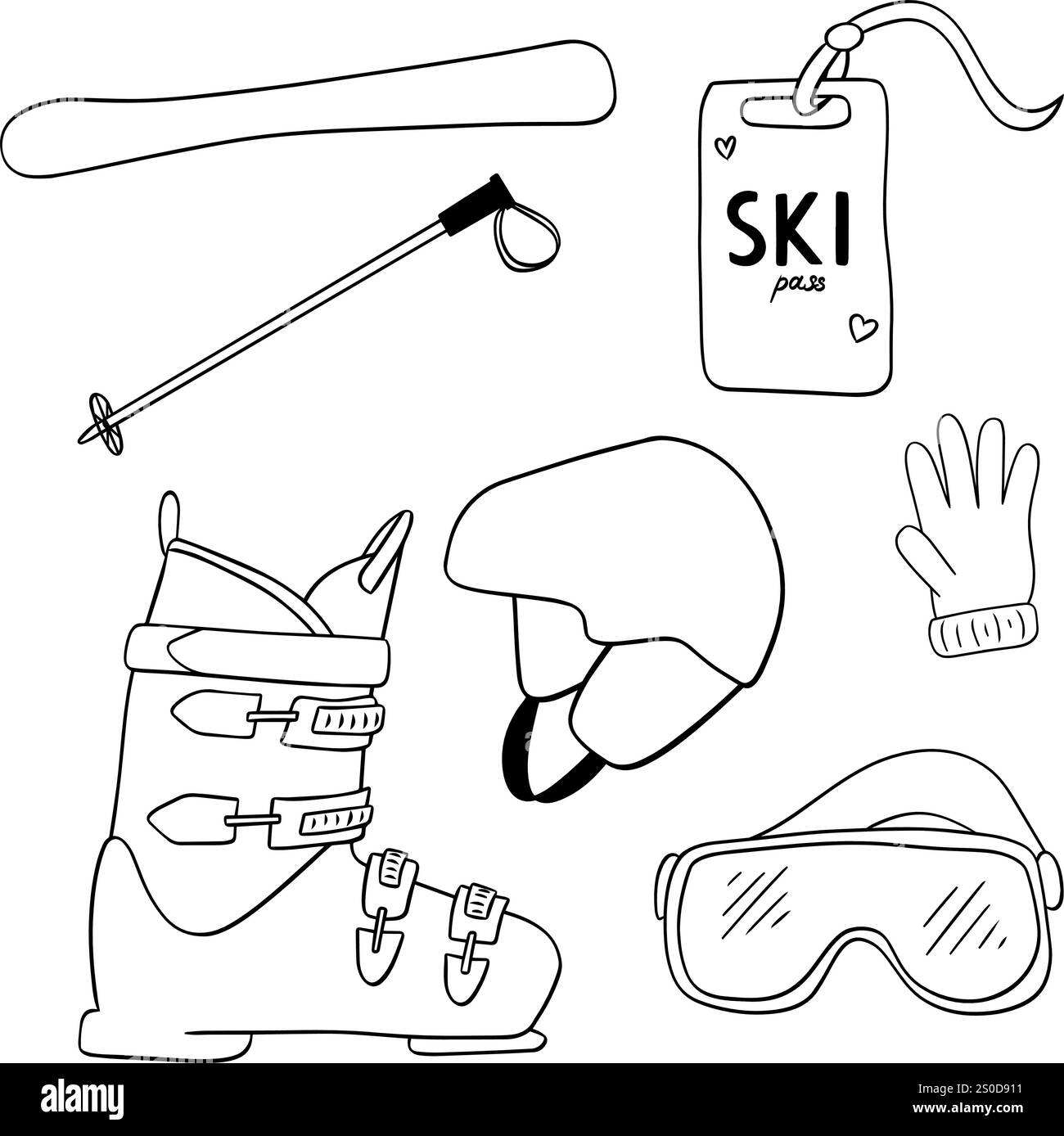 Set di attrezzature da sci da neve disegnato a mano per disegnare linee artistiche. Vettoriale contenente occhiali, scarponi da sci, guanti, bastoncini da sci, casco protettivo, e lo snowbo Illustrazione Vettoriale
