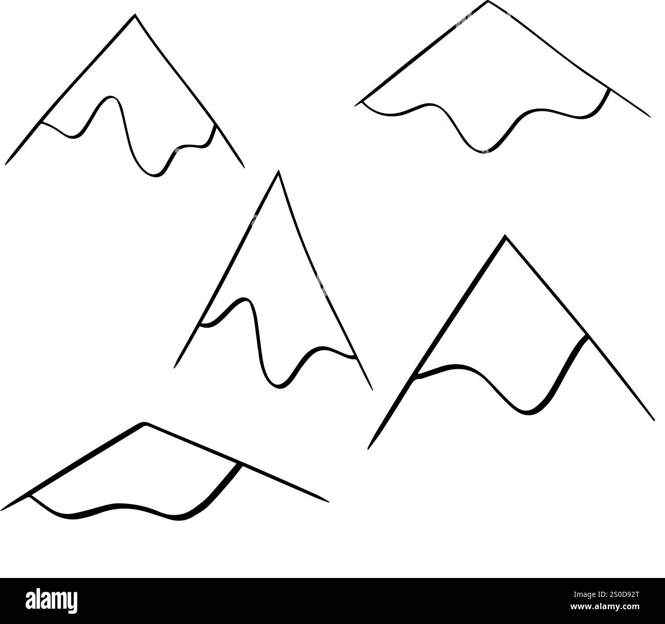 Cime di montagna disegnate a mano con set di illustrazioni vettoriali, silhouette paesaggistica, stile incisione, illustrazione vettoriale. Illustrazione Vettoriale