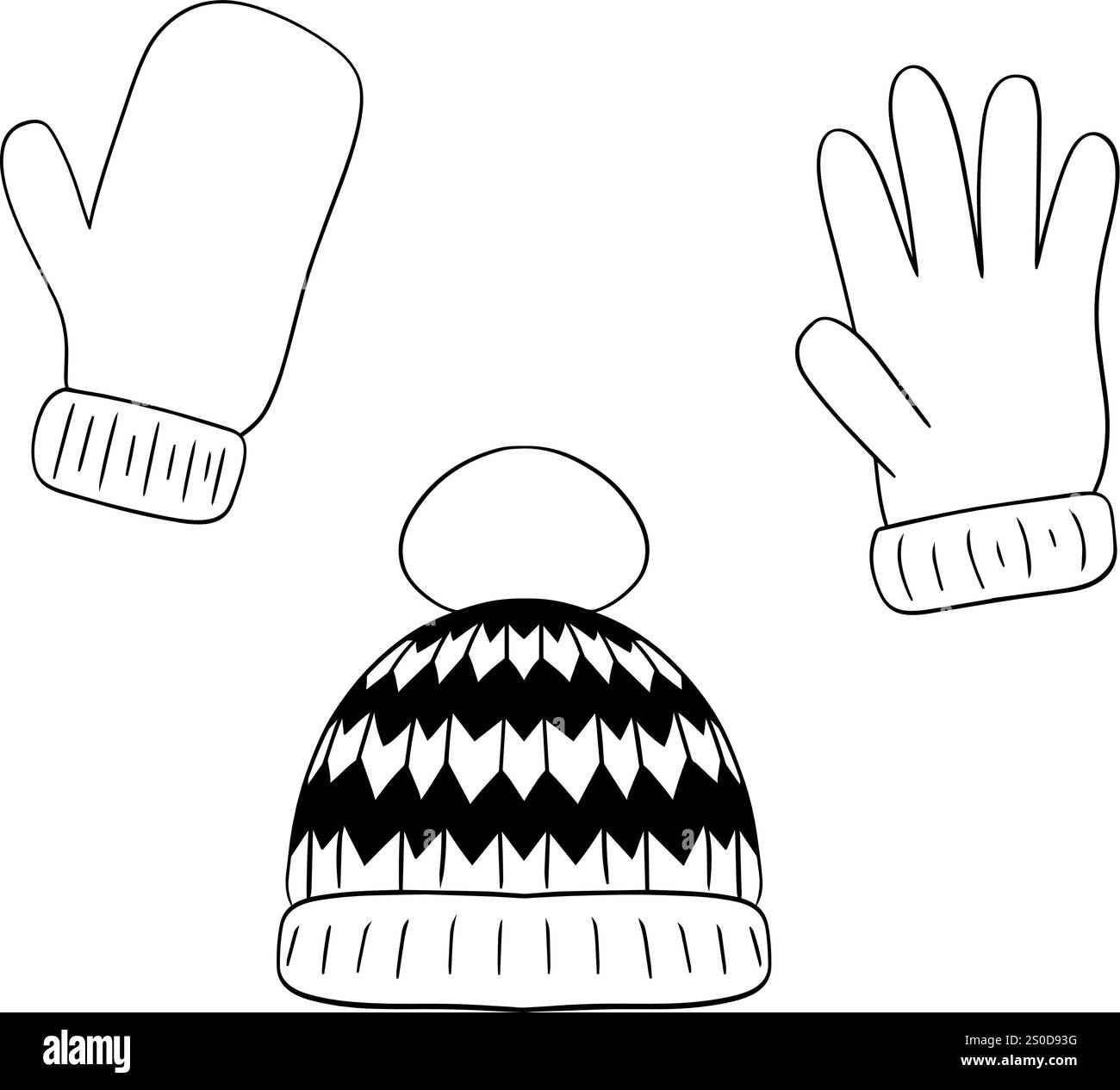 Set vettoriale di graziosi abiti invernali, guanti e cappello. Raccolta di illustrazioni grafiche su sfondo trasparente, isolato Illustrazione Vettoriale