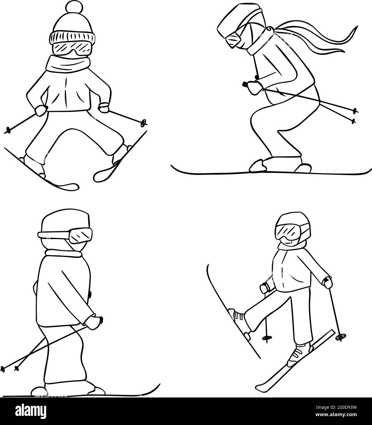Disegni grafici disegnati a mano serie di illustrazioni di sci con sciatori in azione con pose dinamiche, che mettono in risalto gli sport invernali e il movimento. Vettore Illustrazione Vettoriale
