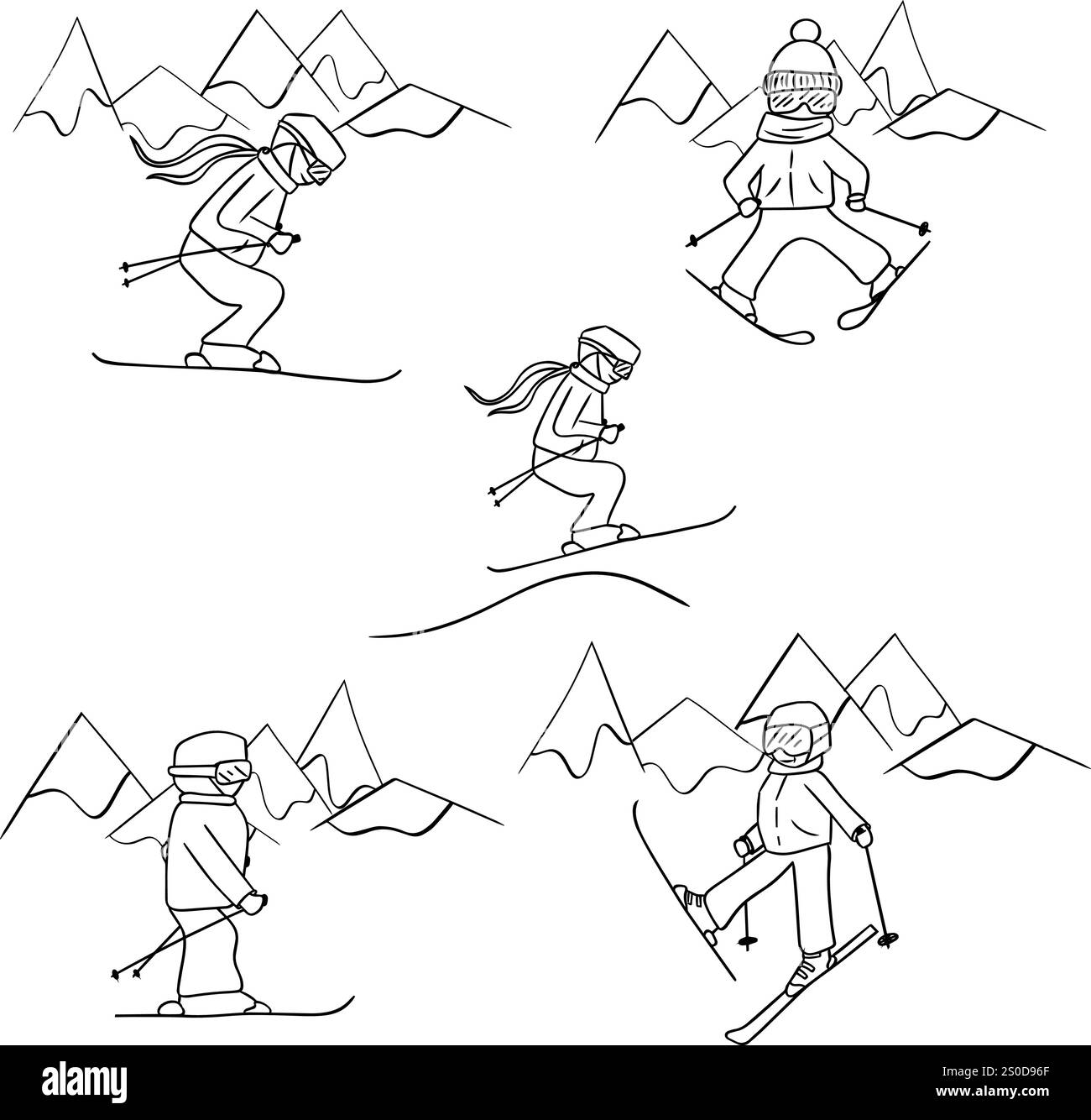 Silhouette di uno sciatore azione in montagna composizione set grafico vettoriale linea illustrazione. Cattura l'emozione e l'energia degli sport invernali. Perf Illustrazione Vettoriale