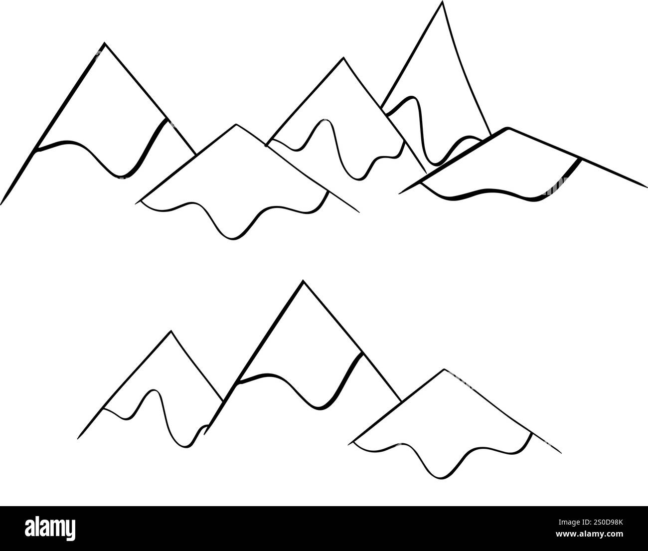 Montagne con composizione innevata. Illustrazione del vettore di linea grafico. design striscione con sagoma paesaggistica naturale in stile vintage. Illustrazione Vettoriale