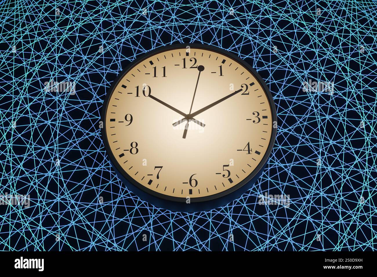 Orologio nero rotondo con numeri negativi sul quadrante dell'orologio su sfondo astratto. Illustrazione del concetto di tempo negativo in quantico Foto Stock