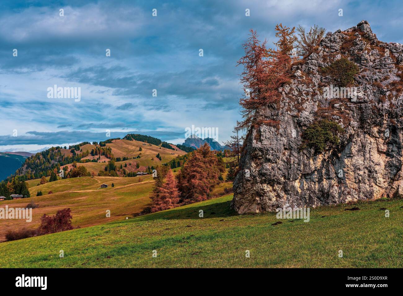 Veduta dell'Alpe di Siusi, il più grande alpeggio d'Europa in Italia. Foto Stock