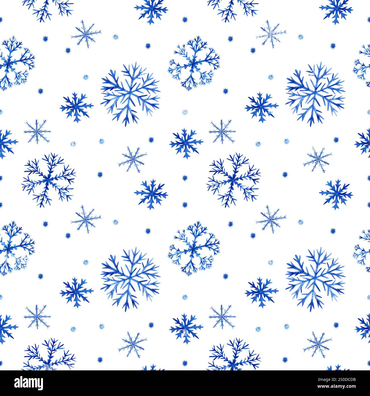 Motivo fiocco di neve senza cuciture. L'illustrazione è realizzata con la tecnica dell'acquerello. Soffici fiocchi di neve blu su sfondo trasparente per il tuo design. Foto Stock