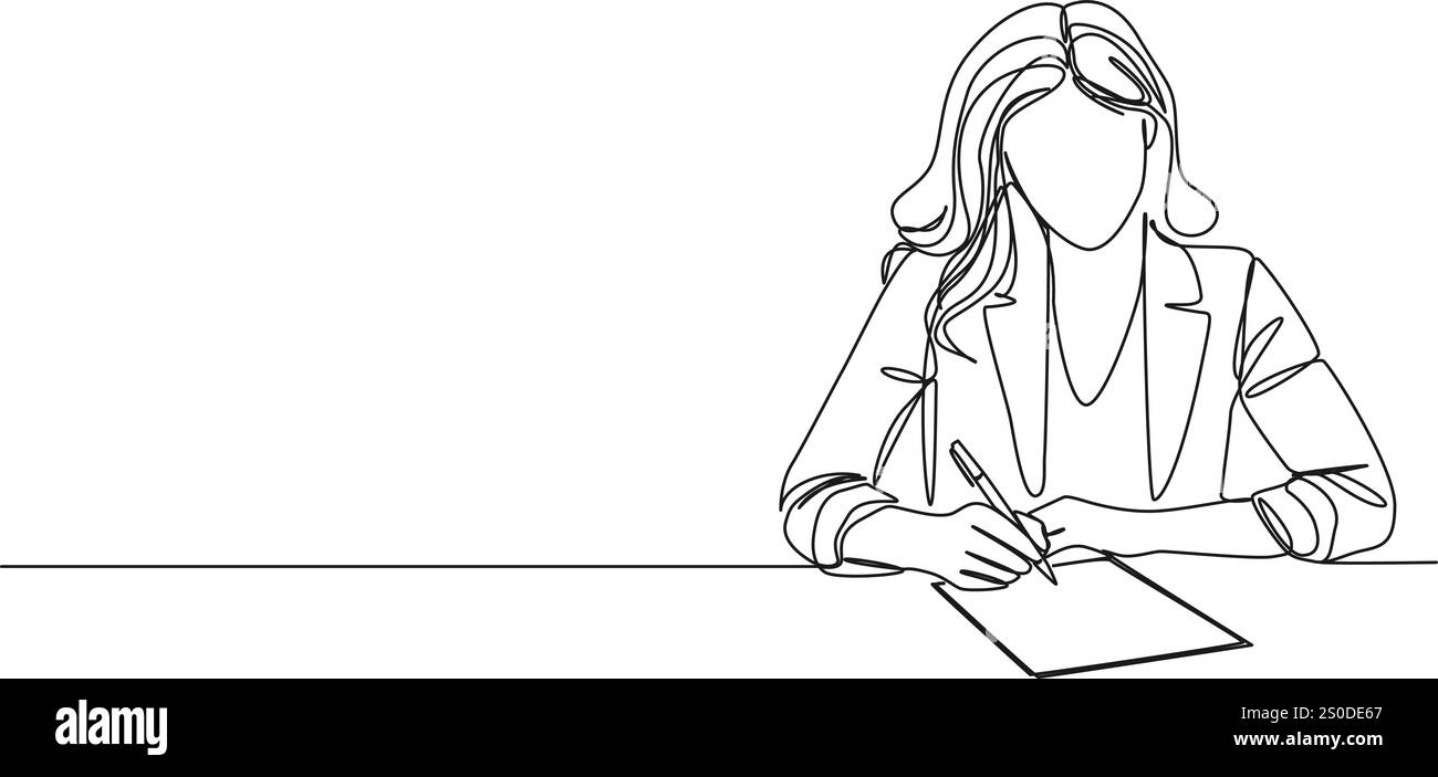 disegno a linea continua di donna che prende appunti con carta e penna, illustrazione vettoriale di disegni a linee Illustrazione Vettoriale