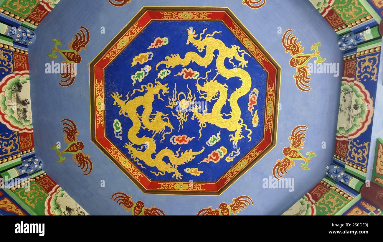 Uno splendido soffitto a padiglione decorato con draghi dorati su un vibrante sfondo blu, circondato da motivi ornamentali multicolori. Foto Stock