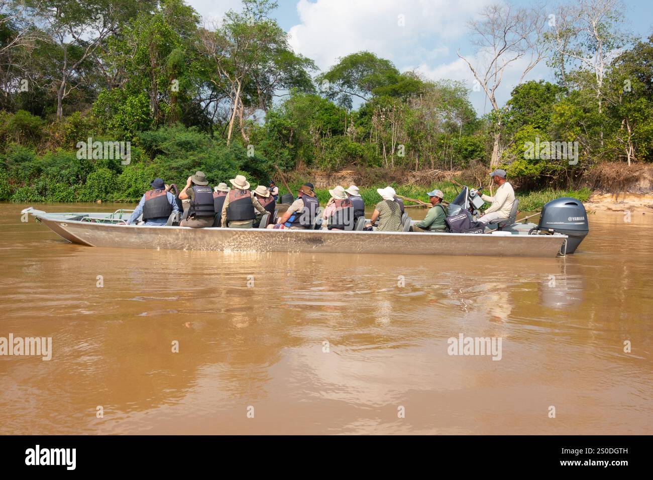 Pantanal Brasile - 21 ottobre 2024; Fotografia turismo in azione con gli uccelli sulle barche fluviali. Foto Stock