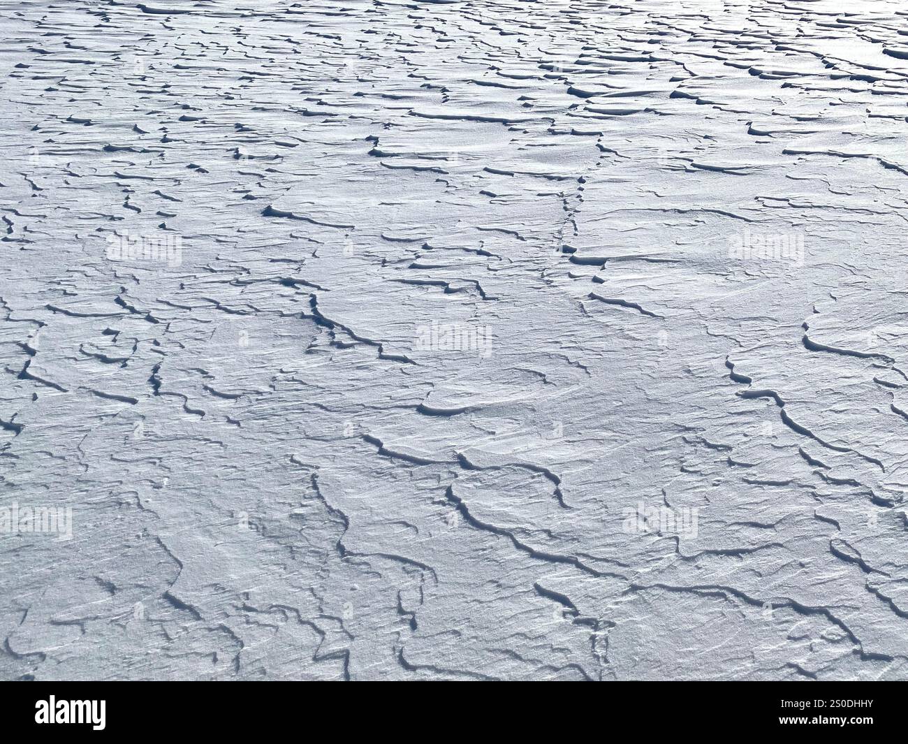 Paesaggio ghiacciato incontaminato con una trama di neve fresca sotto la luce del sole Foto Stock