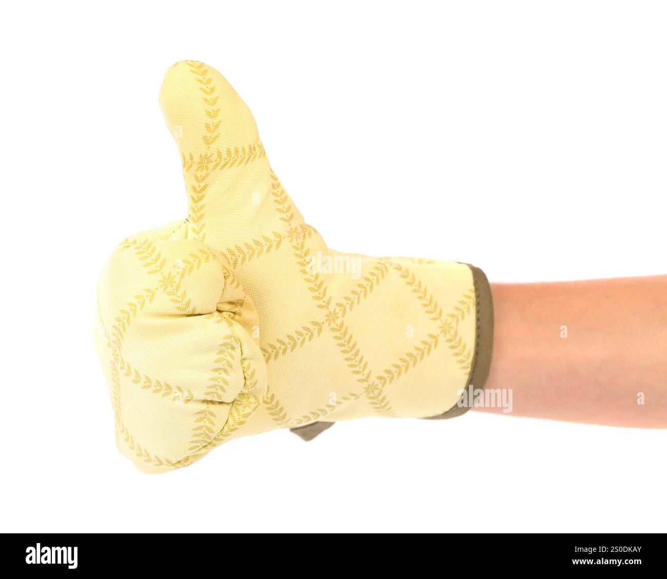 Ottimo. Il guanto da cucina è messo sulla mano. Sfondo bianco. Foto Stock