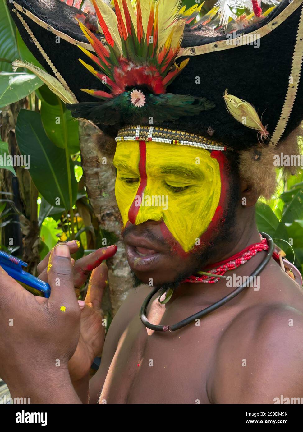 Gli Huli Wigmen della Papua nuova Guinea che applicano Make Up, Highlands Region Foto Stock