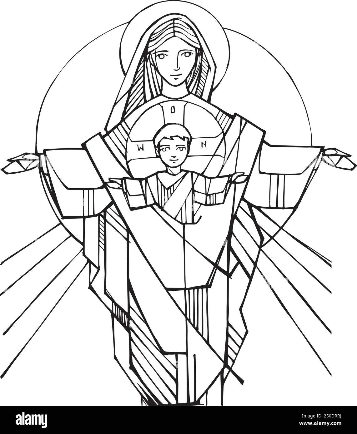 Illustrazione vettoriale disegnata a mano o disegno di madre maria con gesù bambino Illustrazione Vettoriale