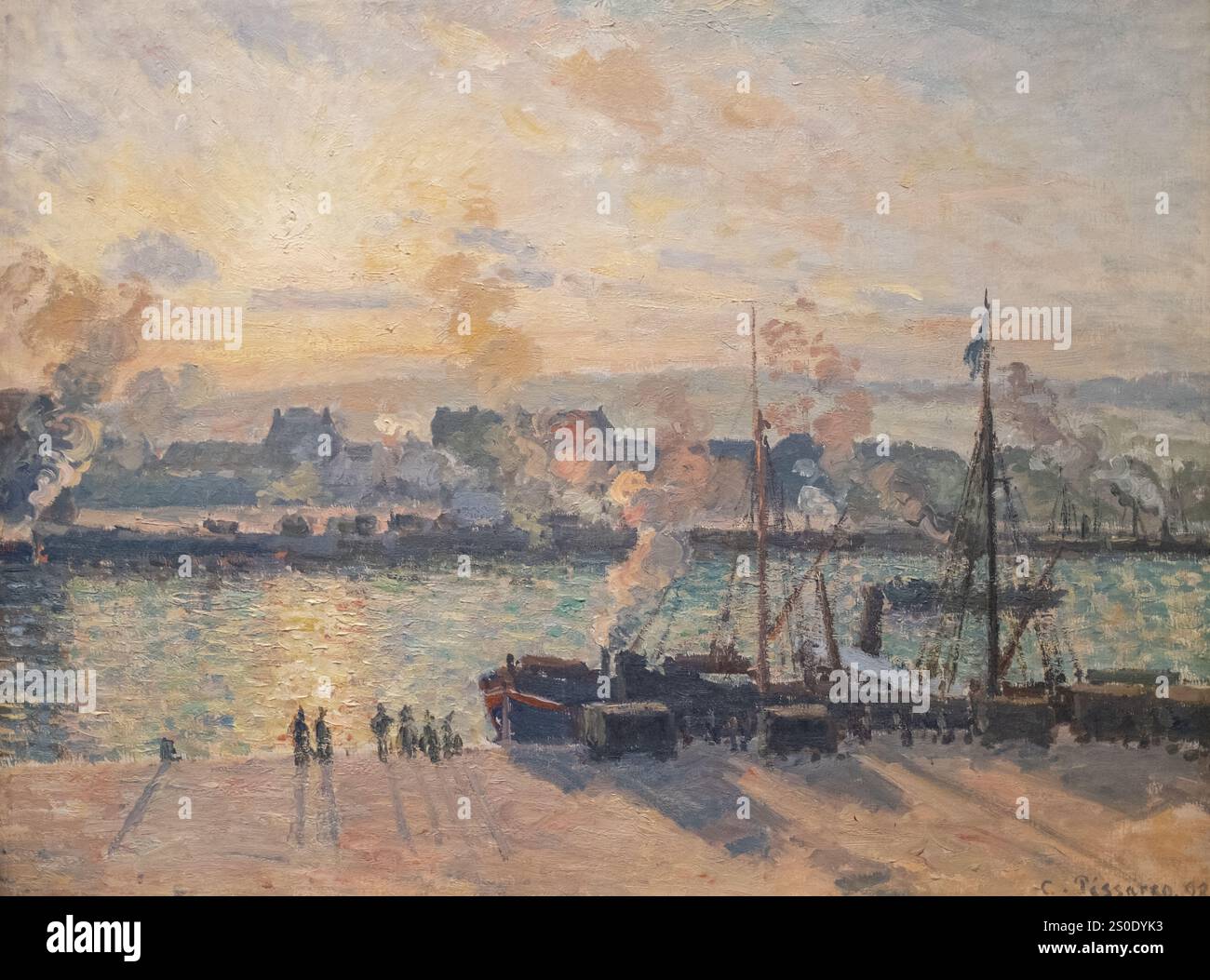 Tramonto a Rouen con battelli a vapore di Camille Pisarro - opere d'arte di pittura ad olio Foto Stock