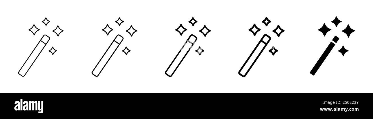 Set di 5 icone di bacchetta magica, non espanso, 1 silhouette, bacchetta magica nera di magia oscura con bastoni magici con attributi e scintille variabili Illustrazione Vettoriale