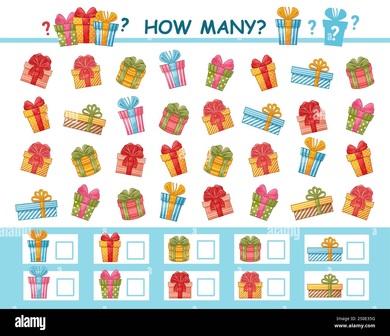 Quante confezioni regalo per le festività. Bambini educazione matematica gioco puzzle logico. Numero di calcolo matematico confezione a sorpresa in cartone Illustrazione Vettoriale