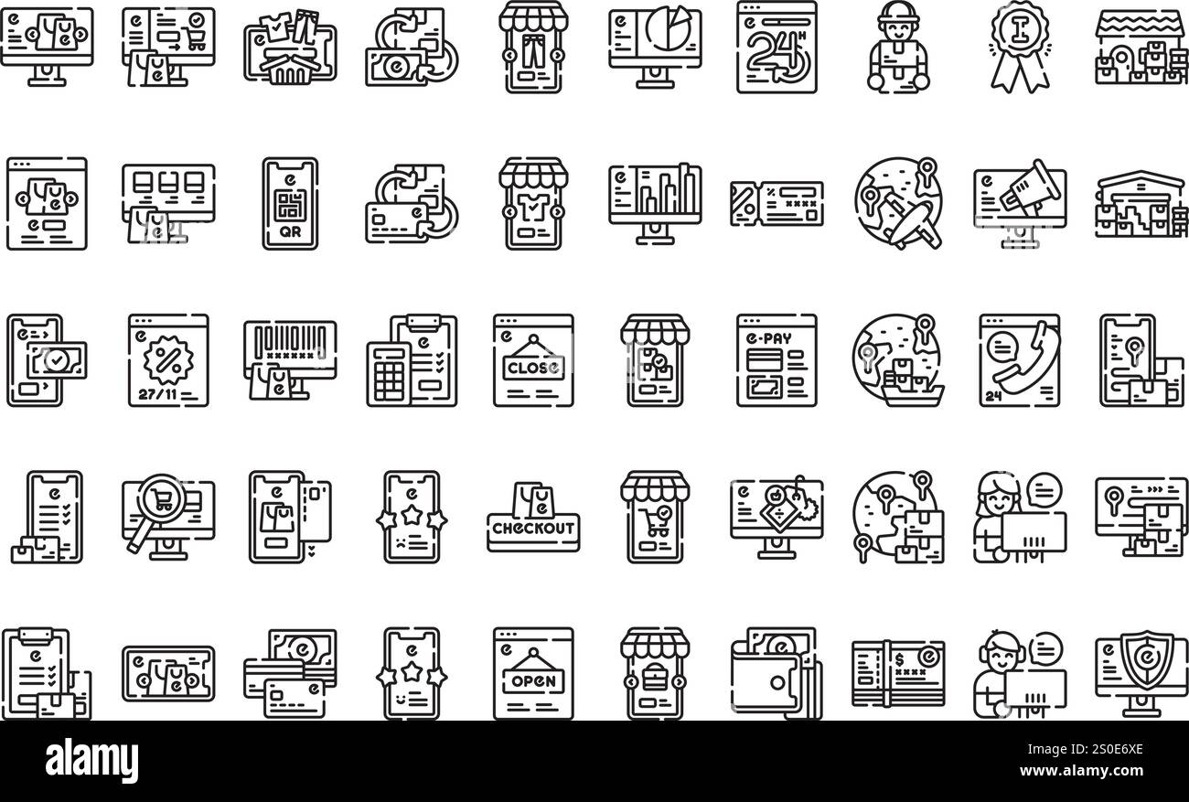 Icone di eCommerce raccolta di icone vettoriali di alta qualità con tratto modificabile. Ideale per progetti professionali e creativi. Illustrazione Vettoriale
