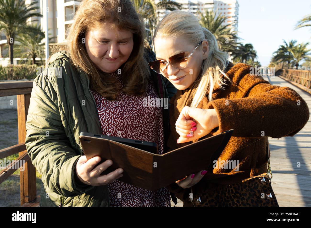 Due donne felici stanno in piedi su una passerella di legno, sorridendo mentre guardano un tablet insieme. Foto Stock