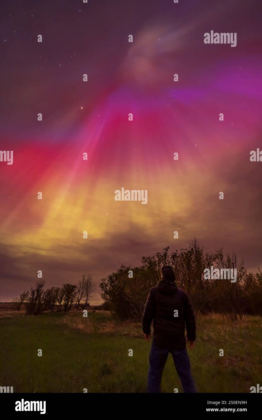 Uomo che guarda un'aurora boreale nel sud dell'Alberta, Canada. Foto Stock