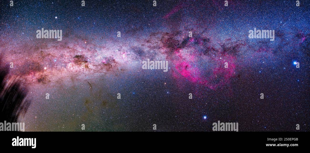 Panorama della via Lattea dalla stella Alpha Centaurus alla luminosa stella Sirio all'estrema destra. Foto Stock