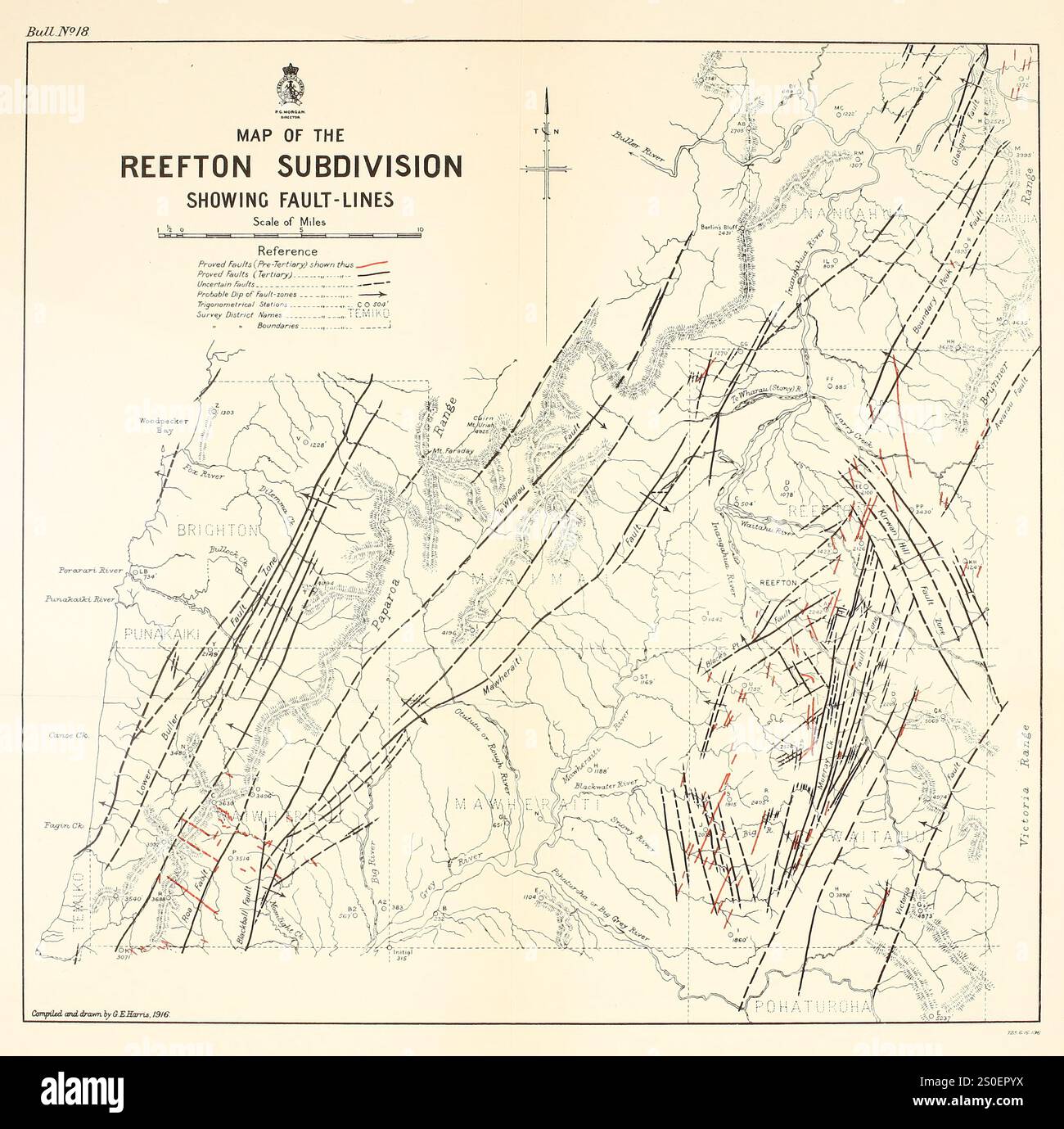 Mappa delle faglie della sottodivisione Reefton, nuova Zelanda, circa 1917 Foto Stock