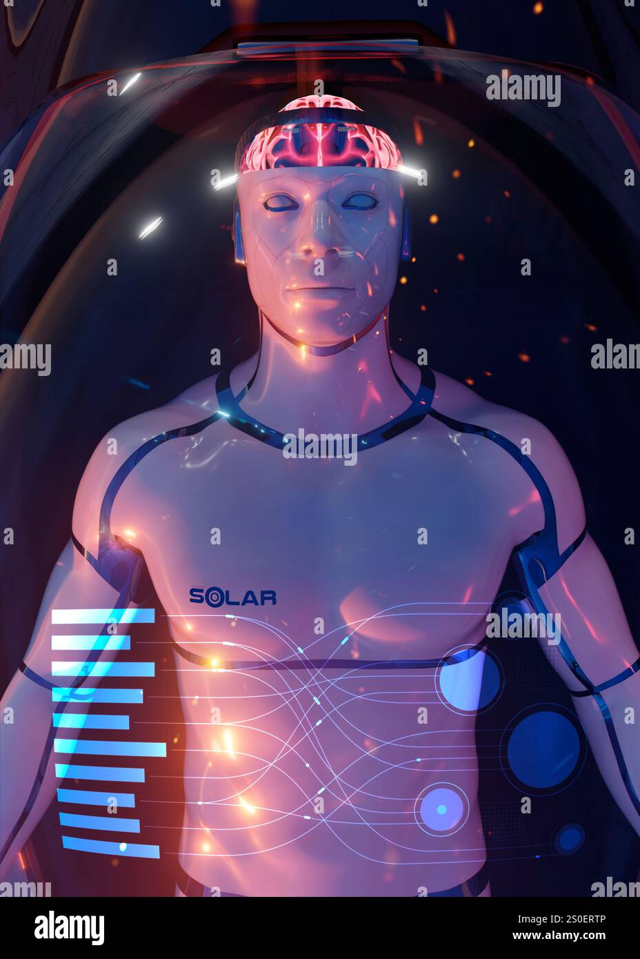 Immagine di un cyborg in fase di manutenzione. Acronimo di "organismo cibernetico", un cyborg è un incrocio tra tessuto vivo e parti fabbricate. In questo caso il corpo è artificiale, ma il cervello proviene da un essere umano. Potremmo essere in grado di trapiantare i nostri cervelli in questo modo in futuro, assicurandoli all'interno di corpi robusti che non si usurano e non sono soggetti all'invecchiamento? Foto Stock