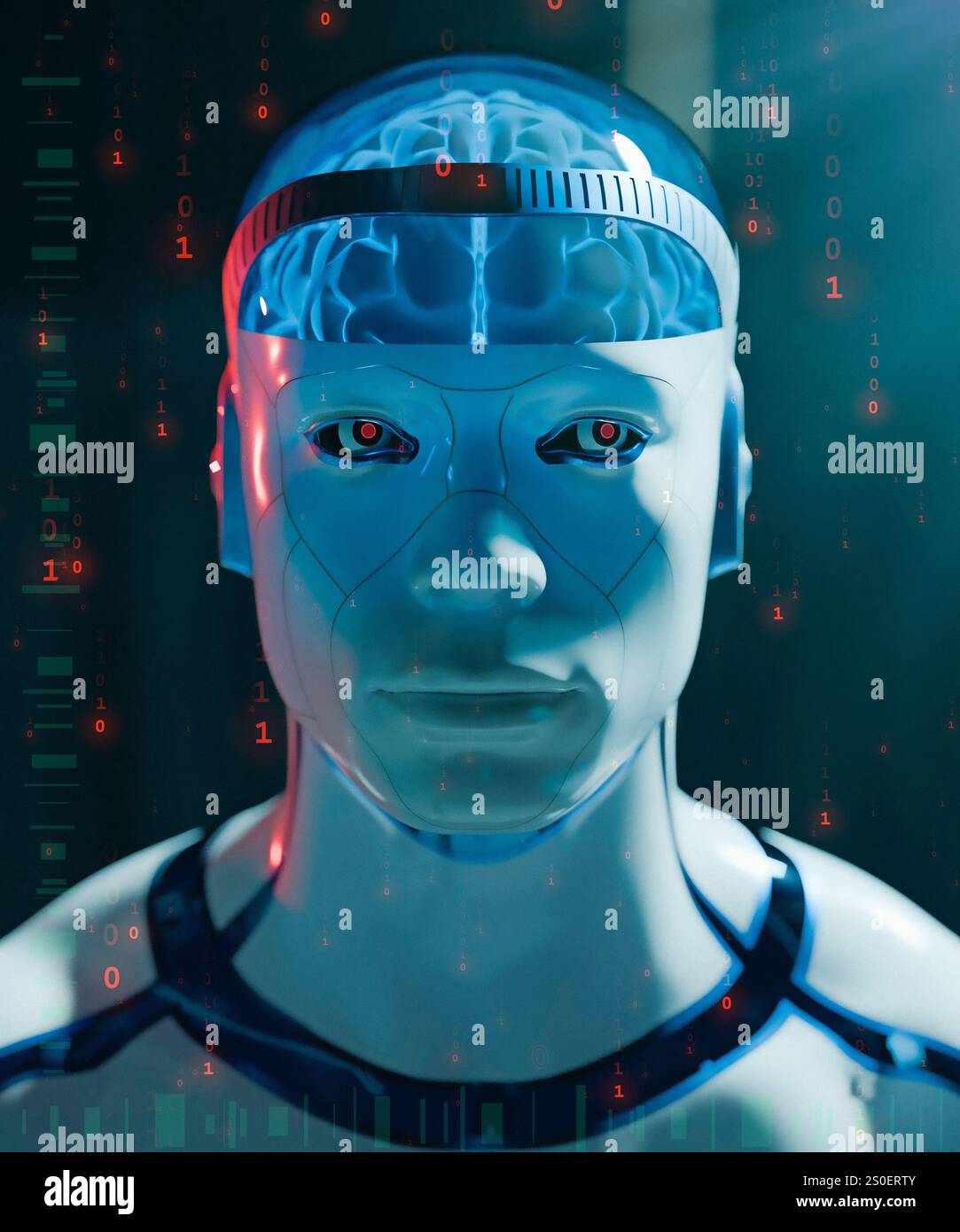 Opera d'arte di un cyborg. Acronimo di "organismo cibernetico", un cyborg è un incrocio tra tessuto vivo e parti fabbricate. In questo caso il corpo è artificiale, ma il cervello proviene da un essere umano. Potremmo essere in grado di trapiantare i nostri cervelli in questo modo in futuro, assicurandoli all'interno di corpi robusti che non si usurano e non sono soggetti all'invecchiamento? Foto Stock