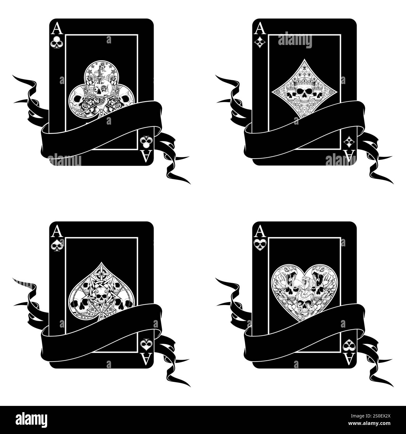 Carta da poker circondata da un nastro, simboli del poker di cuore, diamante, mazza e asso con diversi disegni del cranio Illustrazione Vettoriale