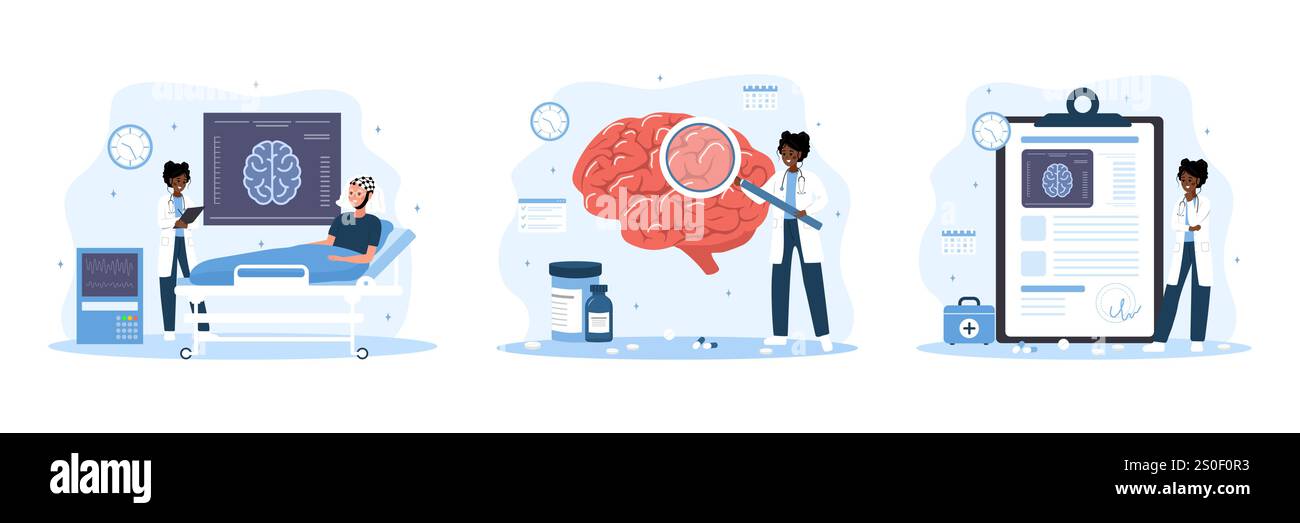 Concetto di neurologo. Donna africana in uniforme medica studio malattie del cervello. Anatomia e biologia. Illustrazione vettoriale in stile cartone animato piatto Illustrazione Vettoriale