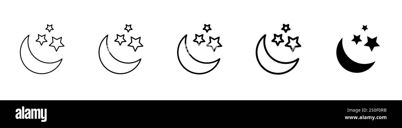Set di 5 icone a mezzaluna - 1 silhouette - 1 vettore non espanso - contorno a mezzaluna con stelle e simbolo dell'icona vettoriale pieno Illustrazione Vettoriale