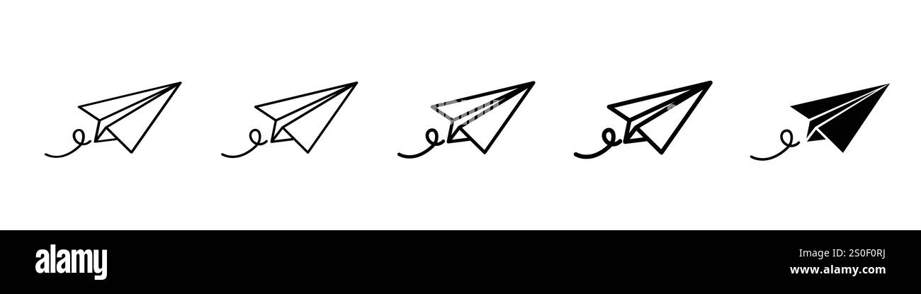 Set di 5 icone di un piano di carta - 1 silhouette - 1 vettore non espanso - icone di un profilo di un aereo di carta raffiguranti aerei volanti da varie angolazioni Illustrazione Vettoriale