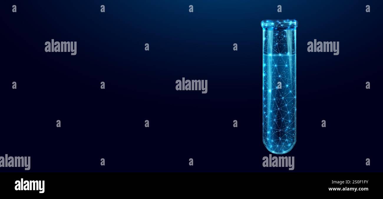 Provetta per analisi, fiasca in vetro a reticolo basso blu brillante su sfondo scuro. Concetto di illustrazione vettoriale per l'industria medica e chimica Illustrazione Vettoriale
