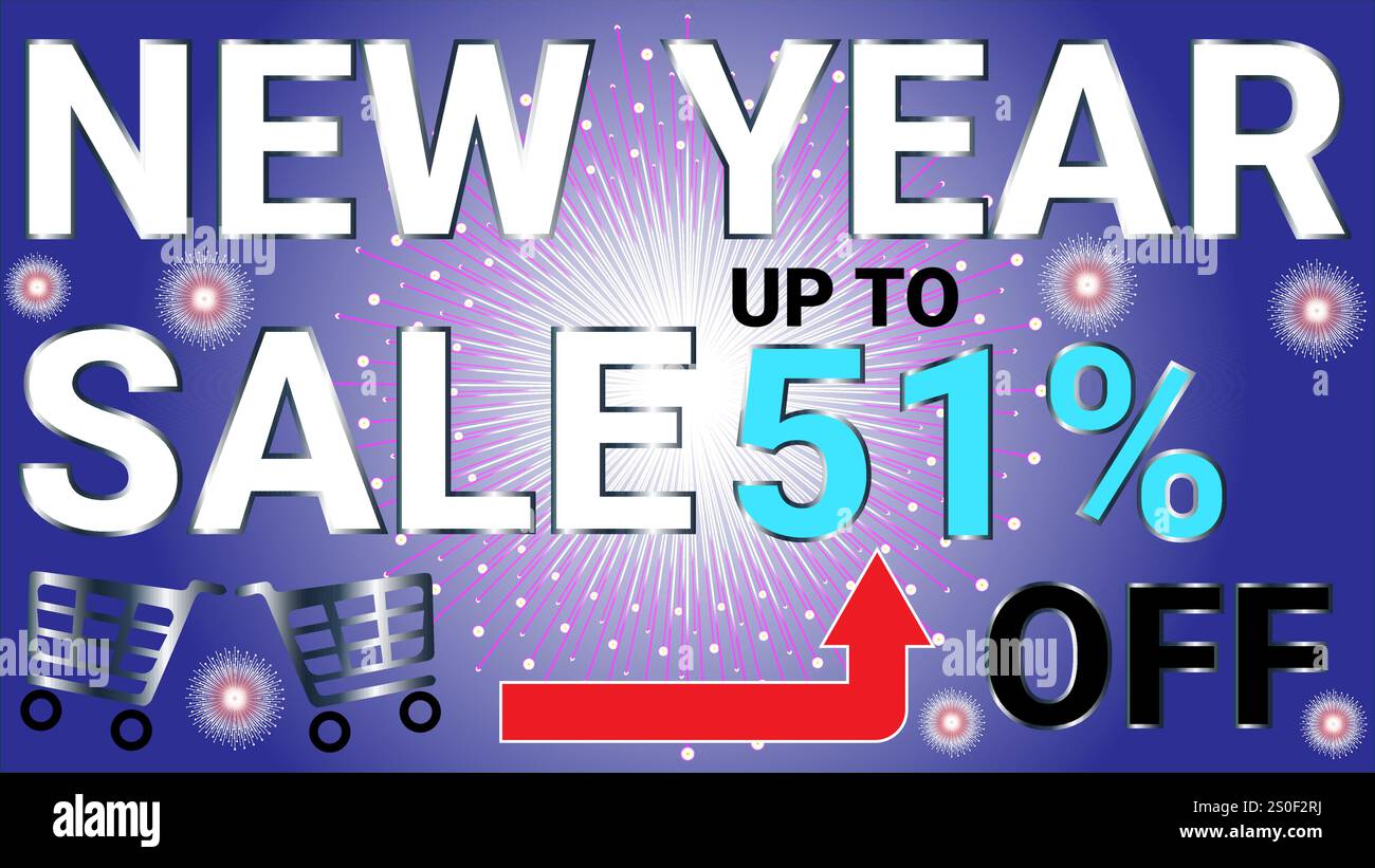 Sconti di Capodanno fino al 51% su banner con sfondo radiale blu e bianco e tema per festeggiamenti Starburst Illustrazione Vettoriale