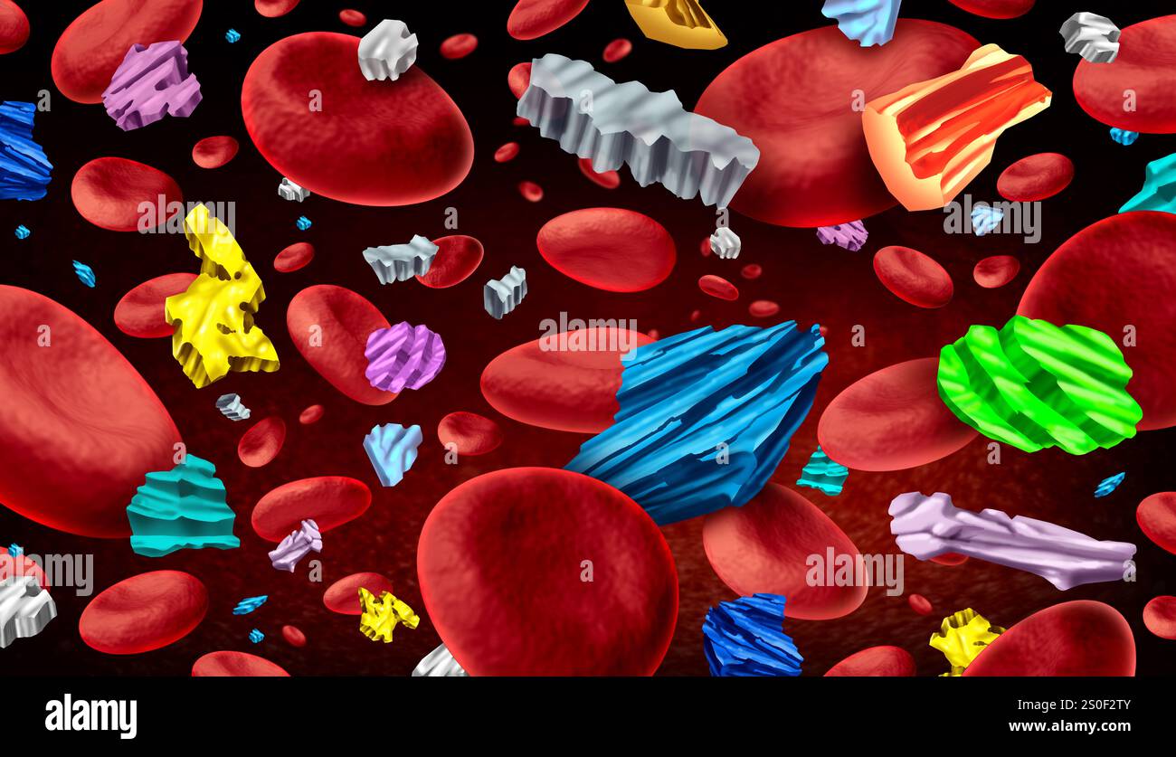 Microplastiche nell'uomo come piccole particelle di plastica all'interno del sangue come preoccupazione per la salute da ingestione inalazione o trasferimento dermico da contaminati Foto Stock