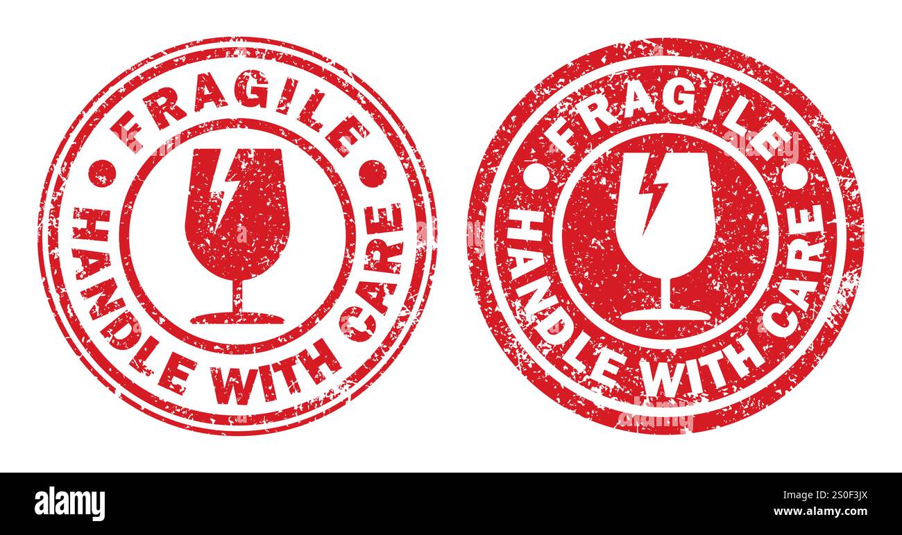 Set di simboli icona dell'adesivo circolare fragile. Maneggiare con cautela il logo. Mantenetevi asciutti, da questa parte. Immagine di illustrazione vettoriale. Isolato su ba bianca Illustrazione Vettoriale