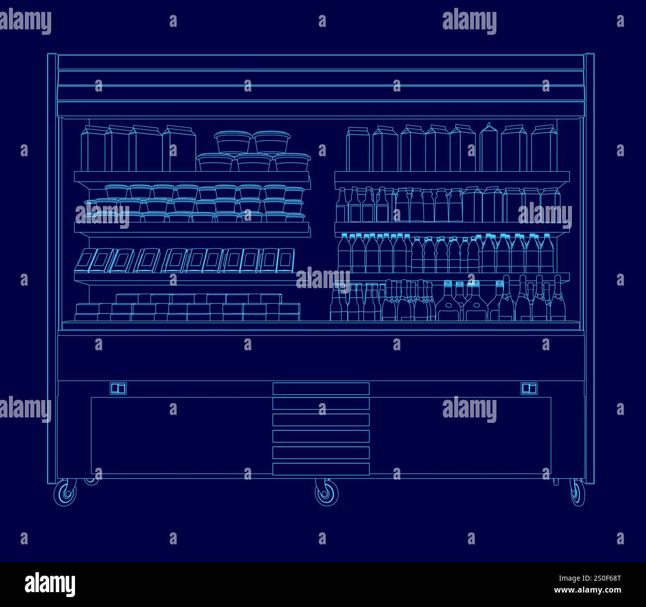 Disegno blu di un negozio di alimentari con un sacco di cibo e bevande. La scena è allegra e invitante, in quanto mostra una varietà di articoli in vendita Illustrazione Vettoriale