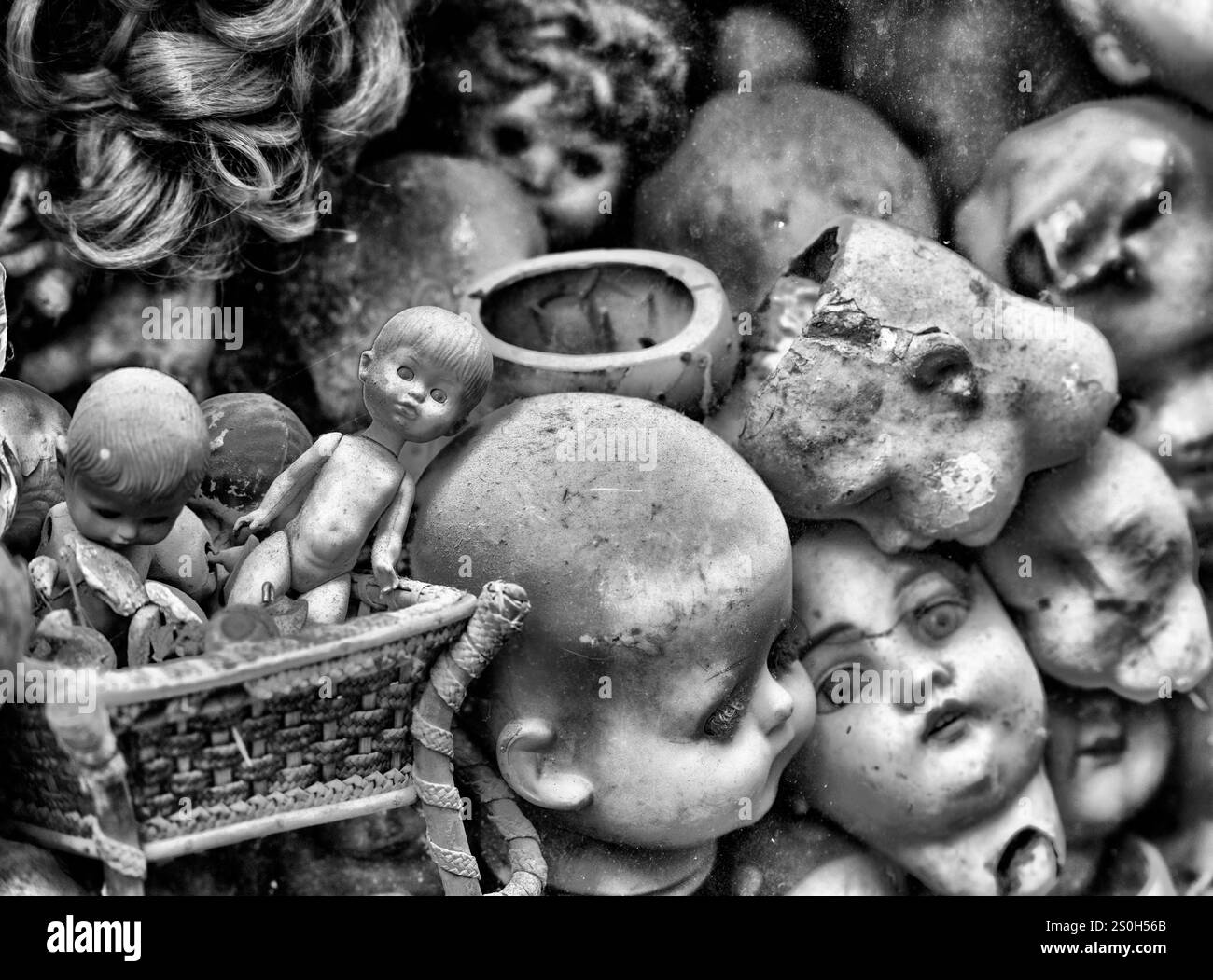 Bambole antiche rotte teste in finestra di un ospedale bambole e officina di riparazione, centro di Roma, Italia. Foto Stock