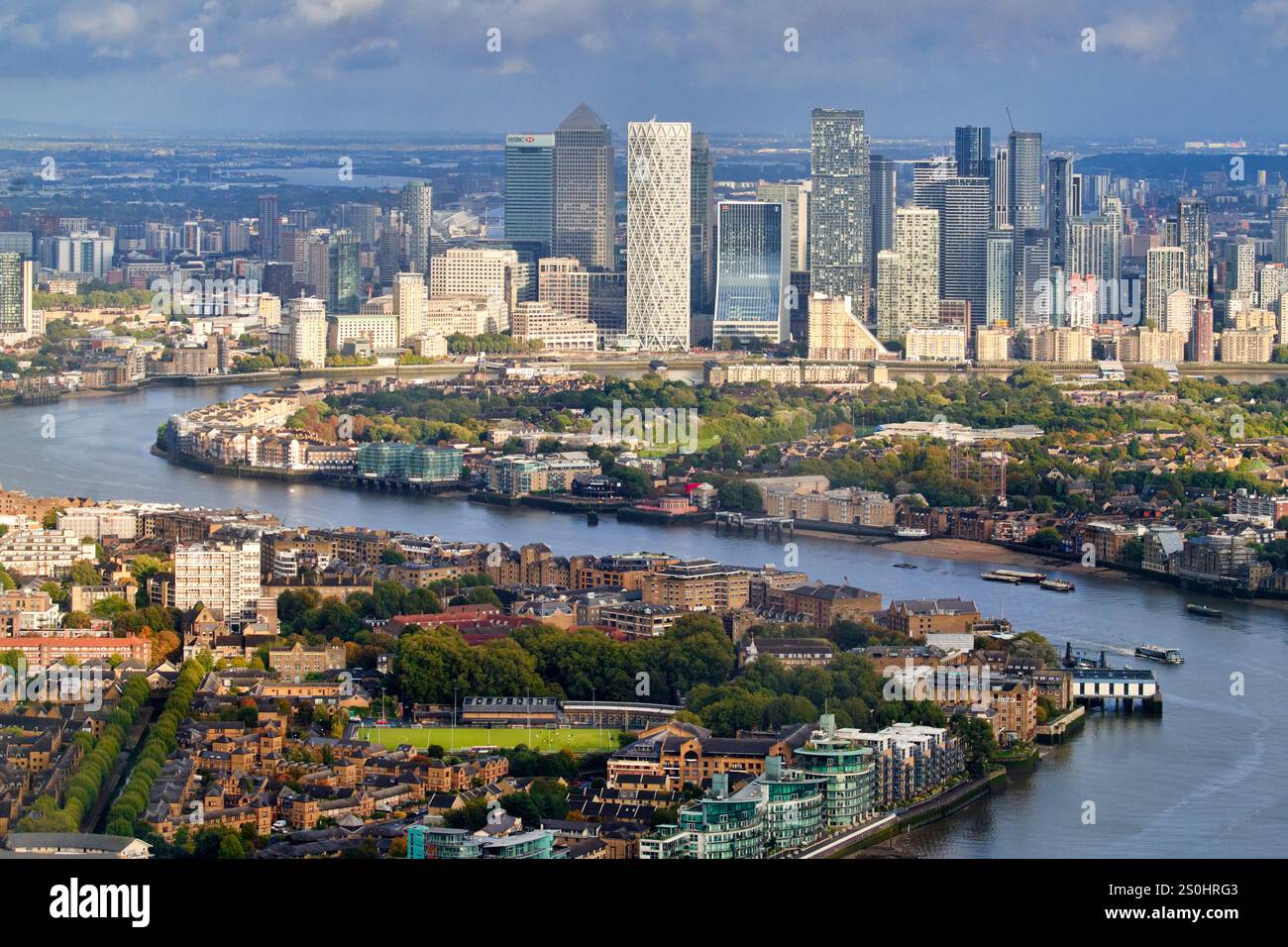 Tamigi, Canary Wharf, vista dallo Shard, Londra, Inghilterra, Regno Unito Foto Stock