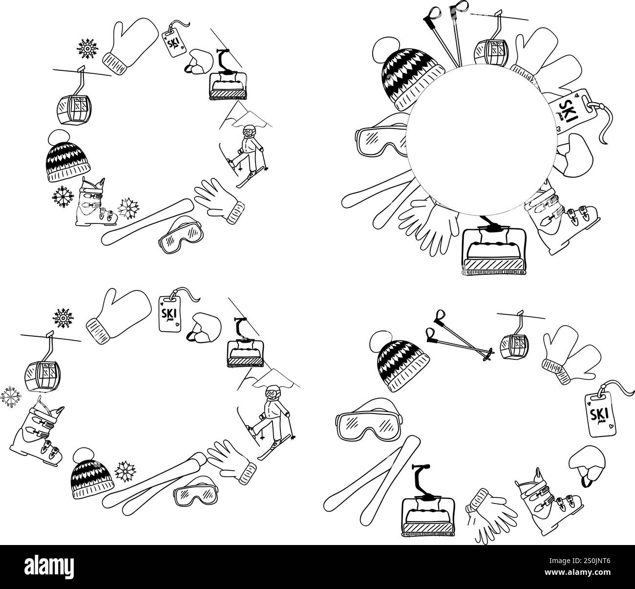 Kit telaio sagoma ovale circolare attrezzatura da sci. Logo Vector per club di sci in stile grafico Illustrazione Vettoriale