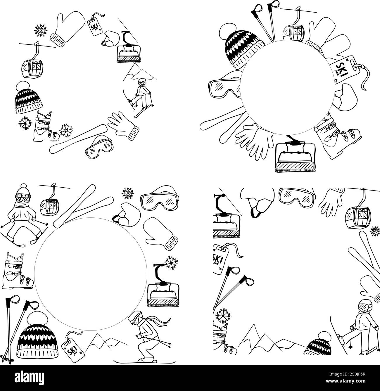 Set di telai per sagome circolari circolari per club di sci. Badge rétro vettoriale dell'attrezzatura da sci in stile grafico Illustrazione Vettoriale
