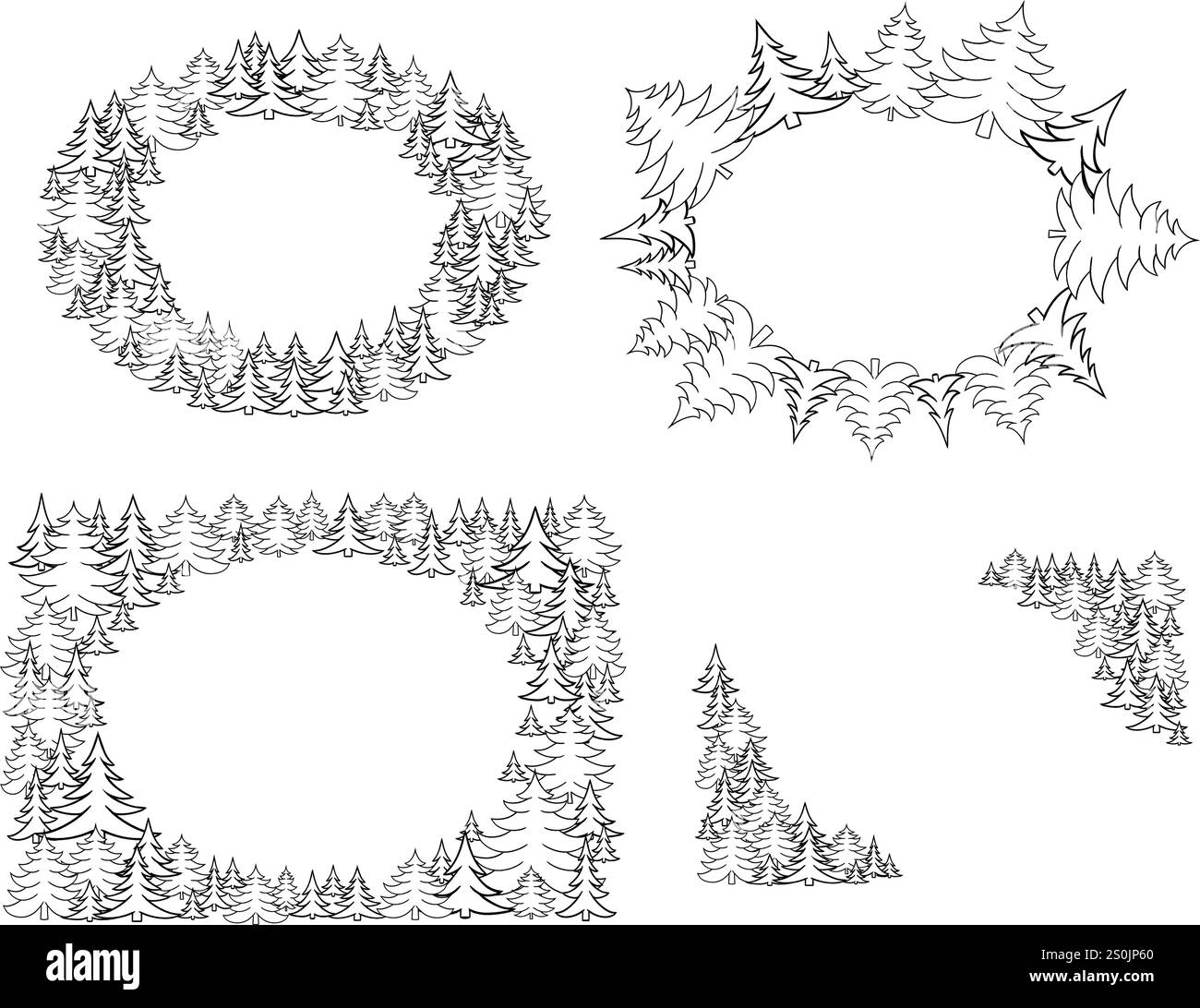 Set di cornici ovali per la pineta con linee grafiche. Immagine vettoriale isolata su sfondo bianco trasparente Illustrazione Vettoriale