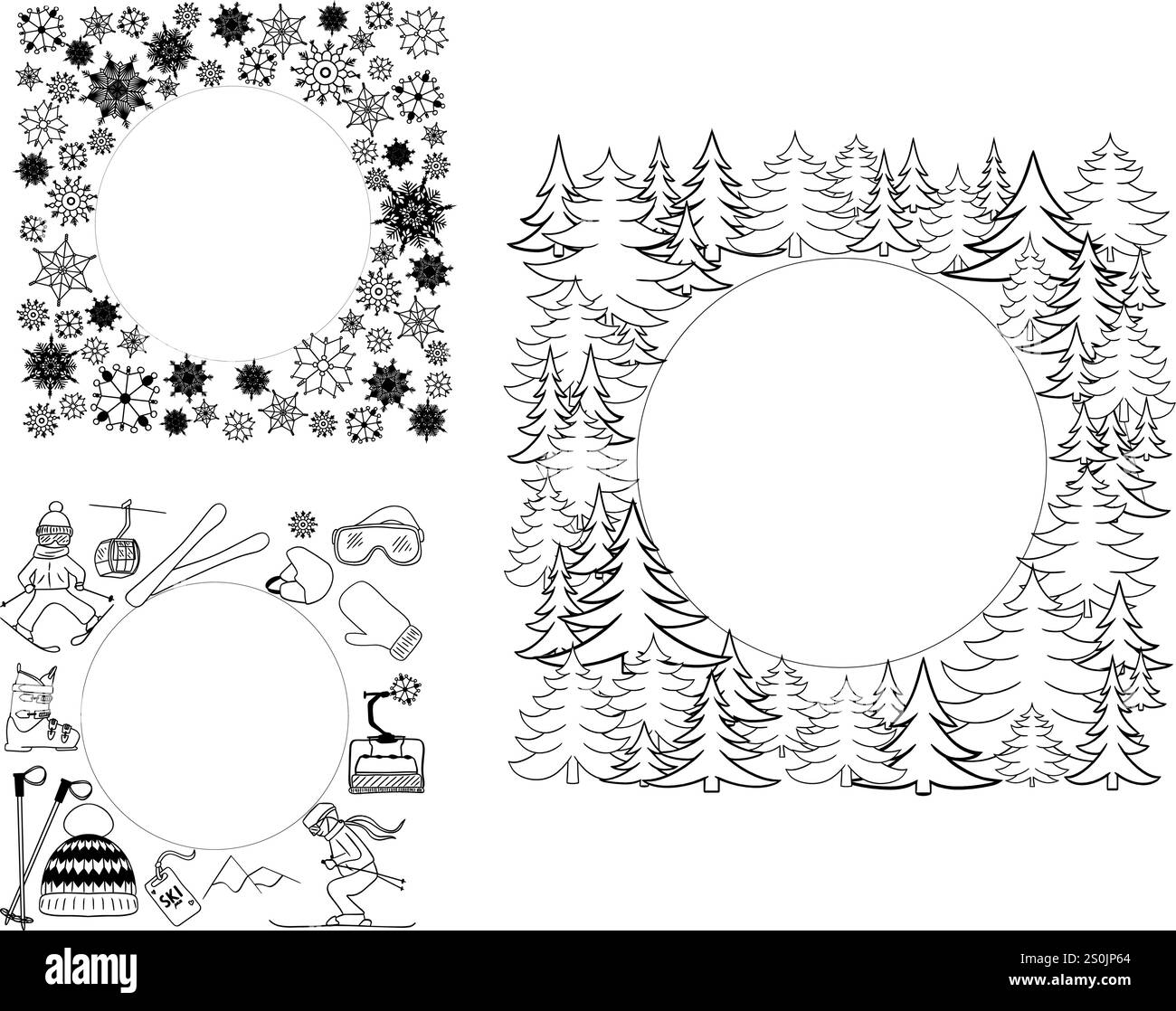 le vacanze sportive invernali hanno un cerchio con cornice quadrata. Fiocchi di neve, pineta, attrezzatura da sci in illustrazioni grafiche. Vettoriale isolato Illustrazione Vettoriale