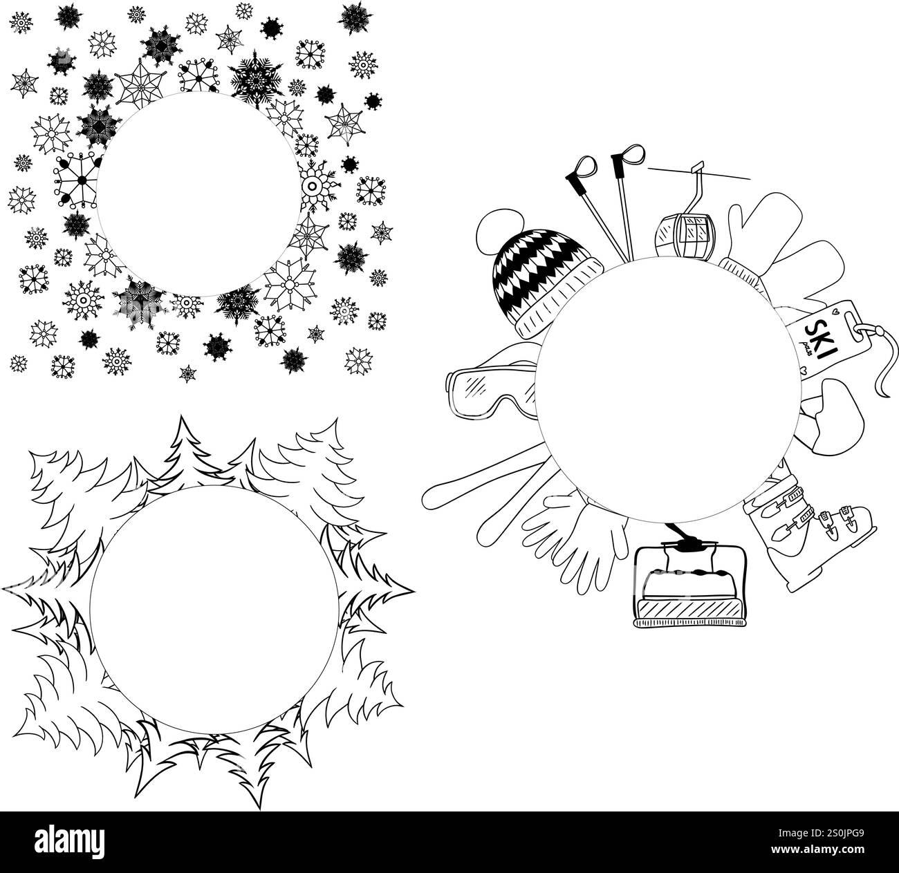 modello per illustrazione con logo vettoriale per lo sci, cerchio, set di cornici rotonde, icona, design a linee grafiche. fiocchi di neve, foresta di pini, occhiali da sci symbo Illustrazione Vettoriale