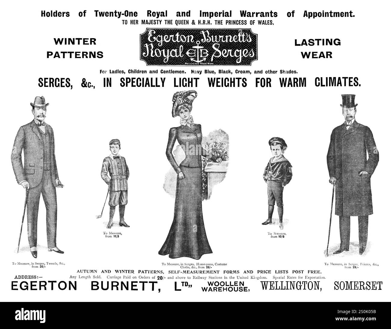 1900 pubblicità britannica di moda per abiti serge di Egerton Burnett. Foto Stock